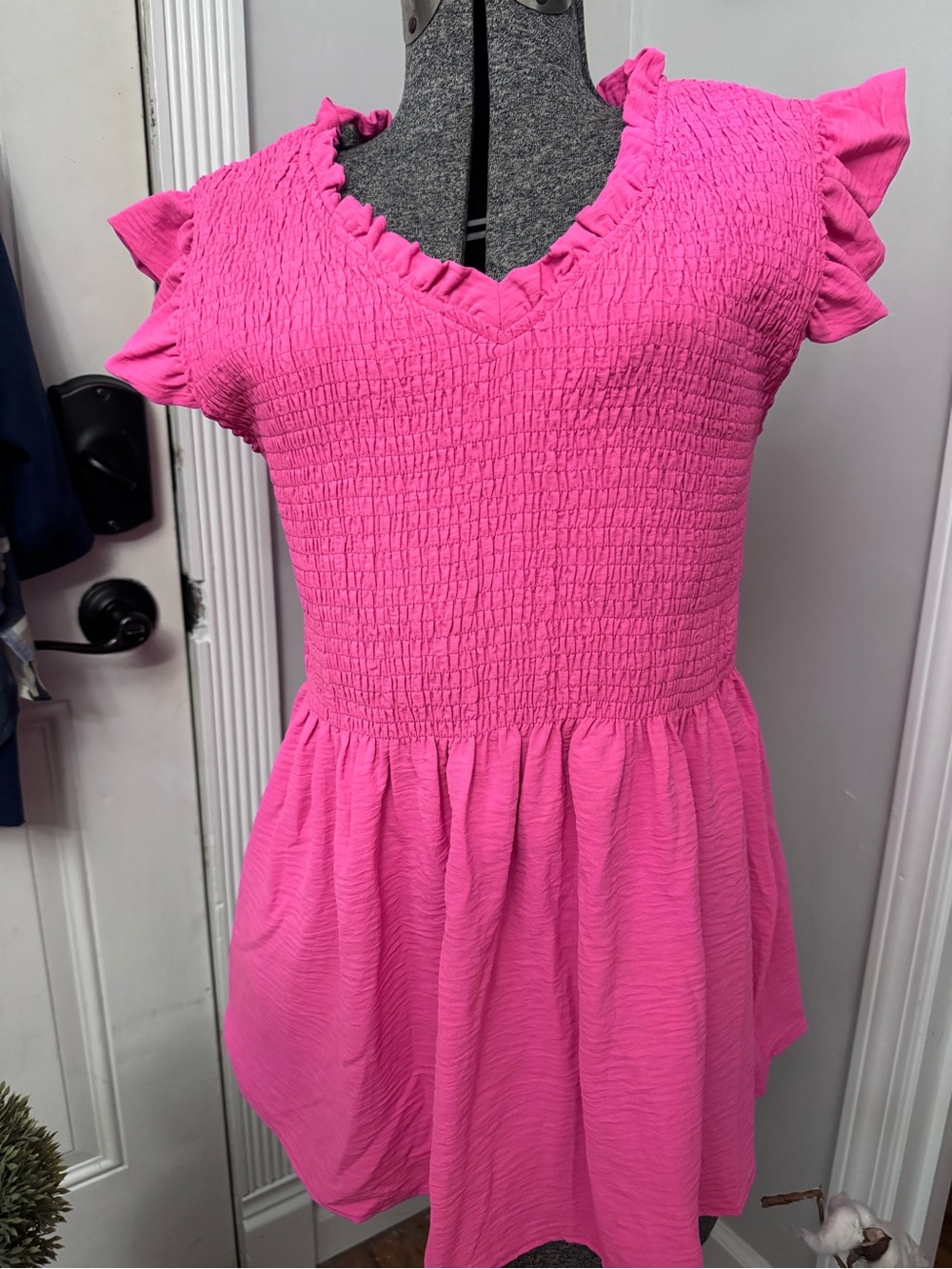 Women’s Pink Ruffle V-Neck Smocked Top